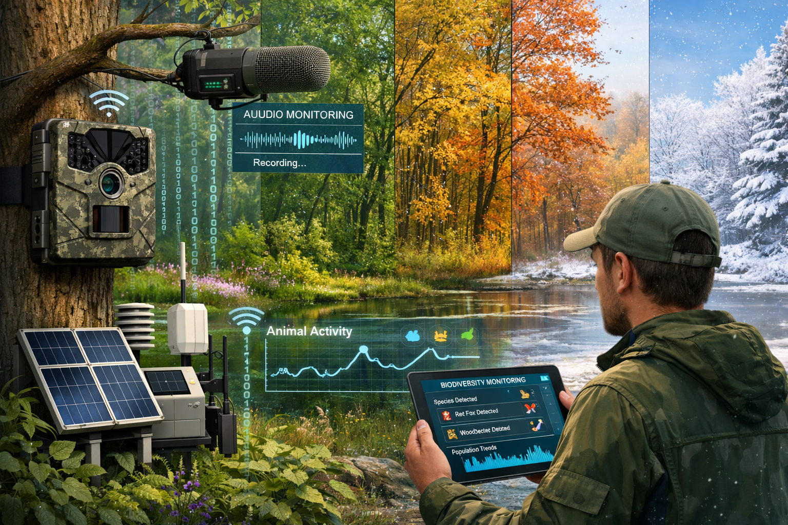 () detailed scene showing modern continuous biodiversity monitoring setup in natural habitat. Foreground features automated