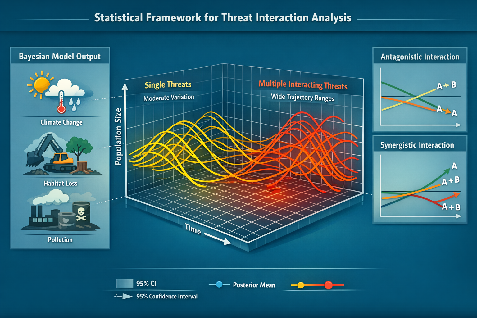 () conceptual illustration demonstrating statistical framework for threat interaction analysis. Central focus shows