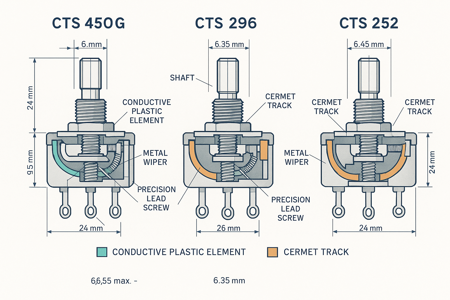 Detailed technical illustration showing cutaway views of different CTS potentiometer series (450G, 296, 252) with labeled internal component