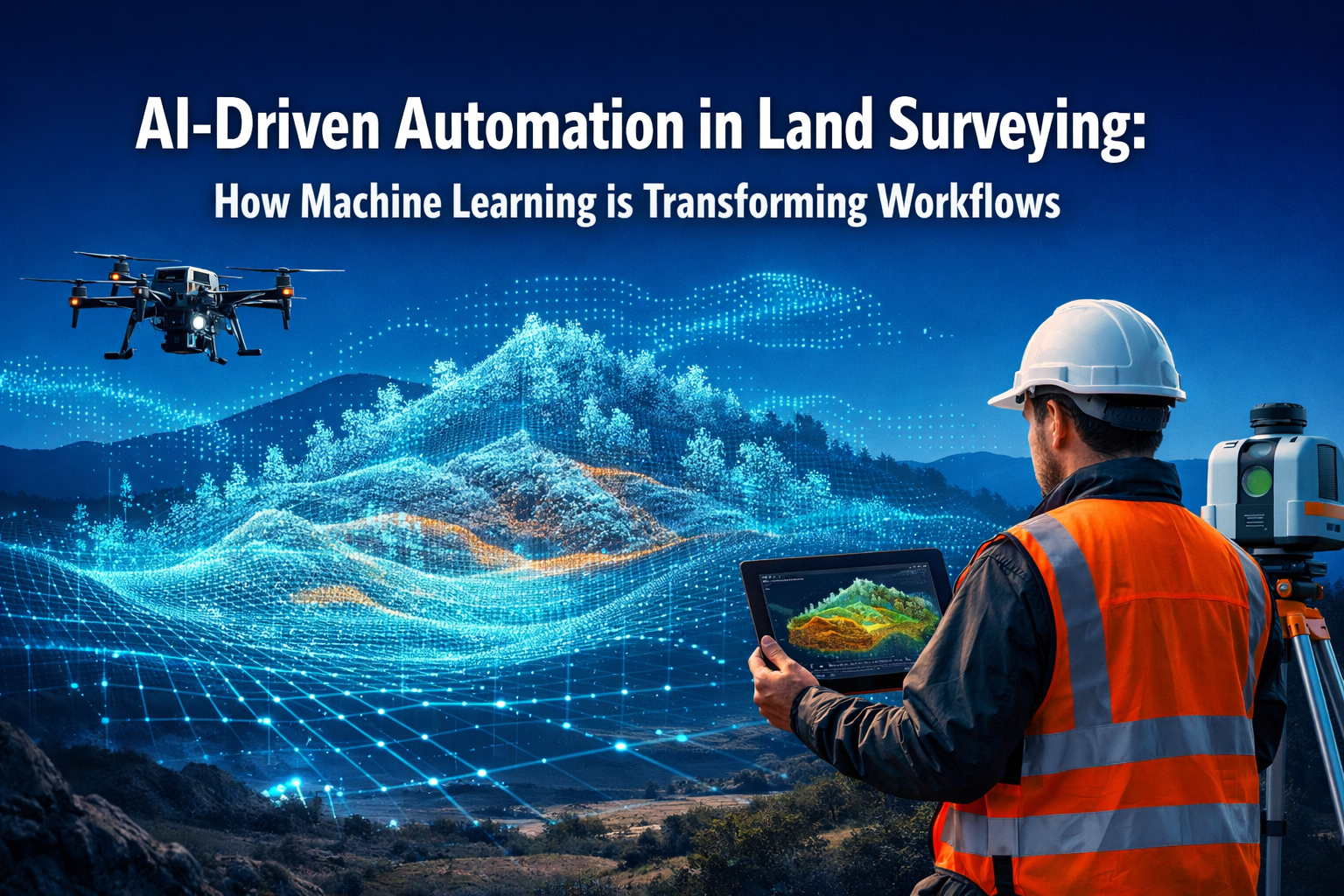 Professional landscape format (1536x1024) hero image featuring bold text overlay 'AI-Driven Automation in Land Surveying: How Machine Learni