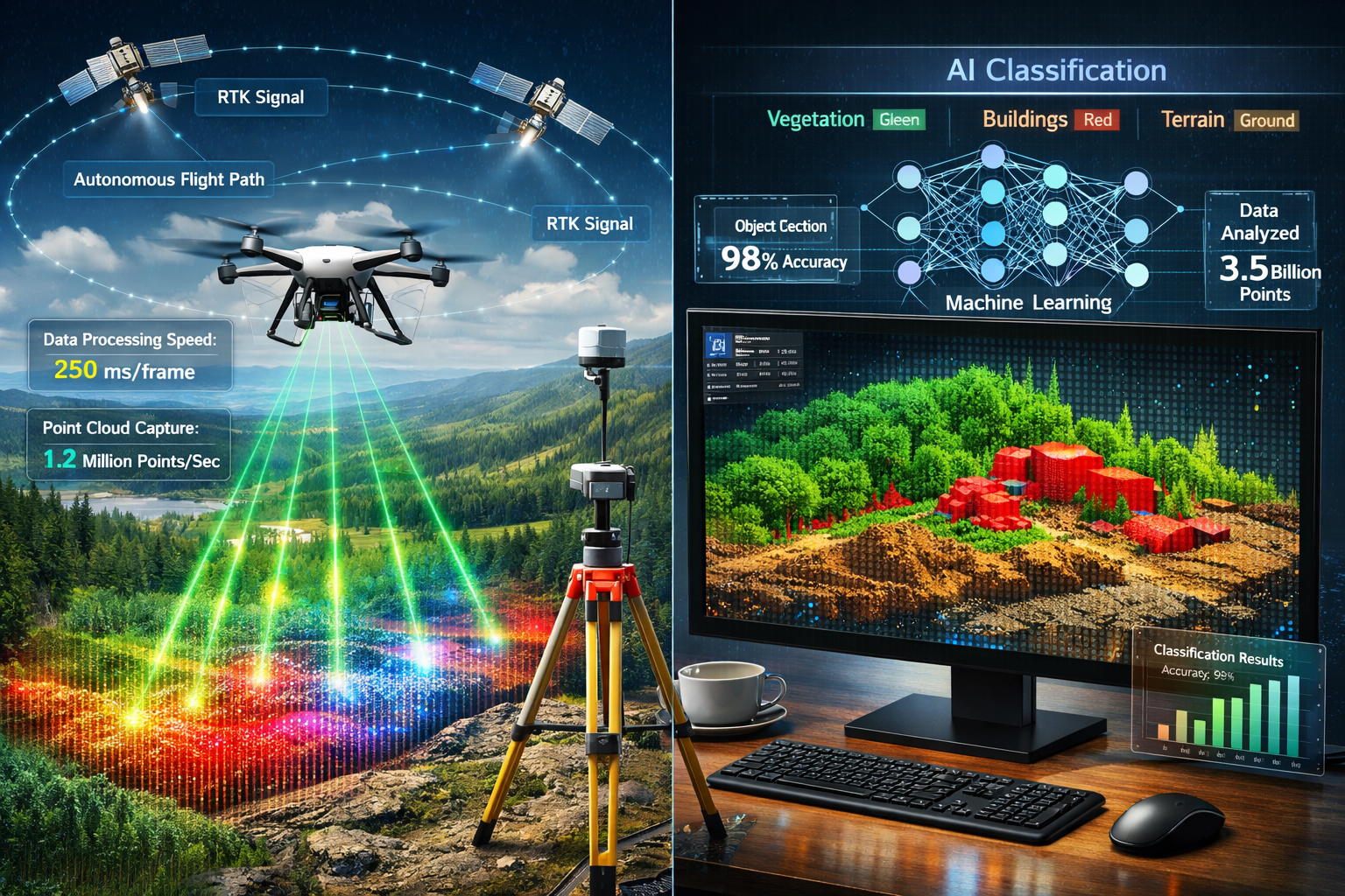 Landscape format (1536x1024) detailed illustration showing AI-powered real-time data processing workflow in land surveying. Split-screen com