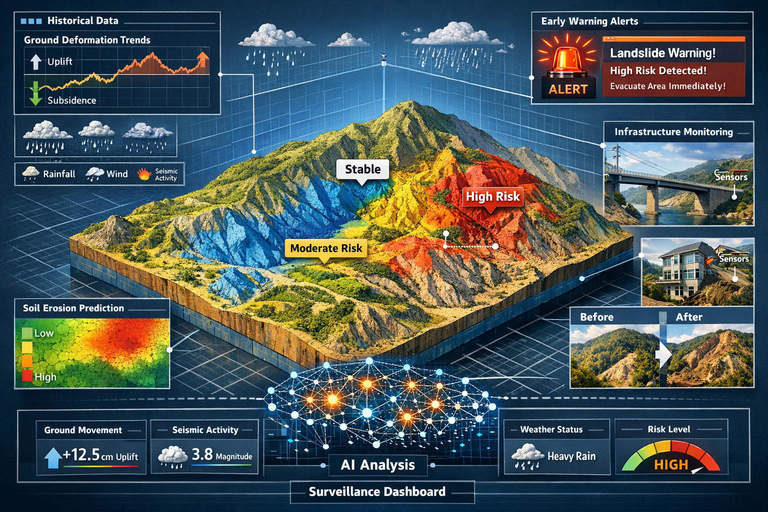 Landscape format (1536x1024) comprehensive visual showing predictive analytics and geological monitoring capabilities in AI-driven surveying