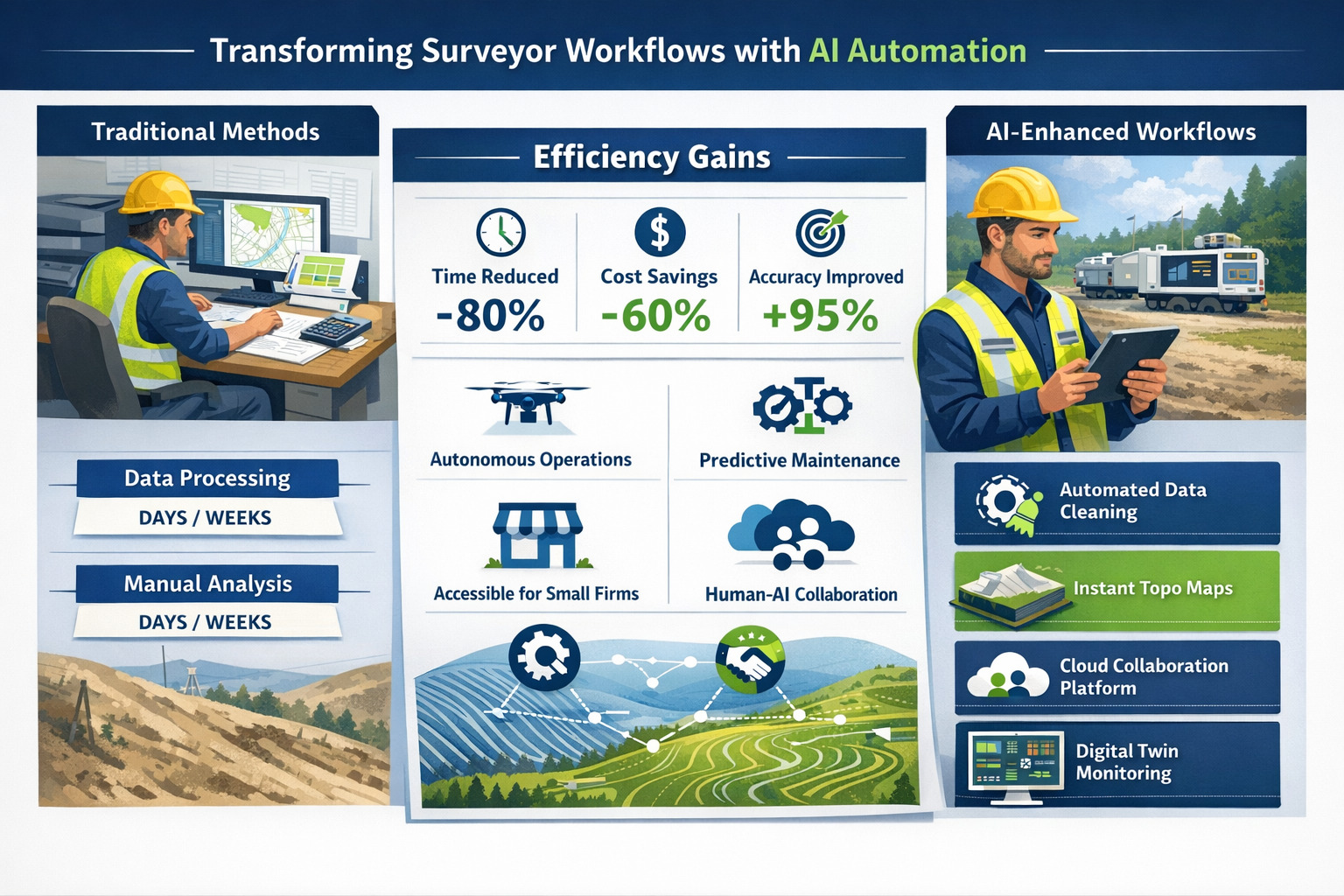 Landscape format (1536x1024) detailed infographic showing transformation of surveyor workflows with AI automation. Left panel labeled 'Tradi