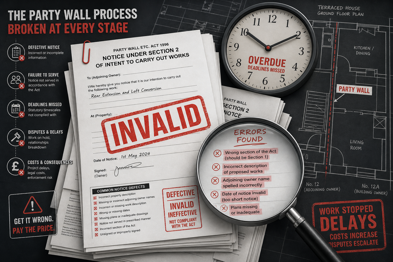Detailed () editorial illustration showing a stack of official party wall notice documents with red 'INVALID' stamp, a clock