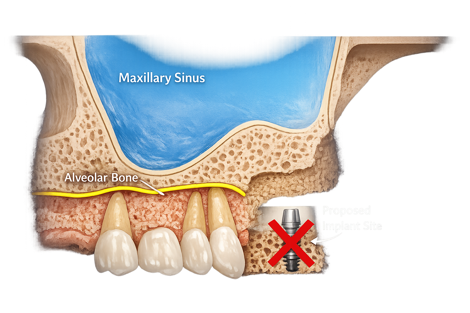 Landscape format (1536x1024) image illustrating a cross-section of an upper jawbone, clearly depicting a low sinus floor and insufficient bo