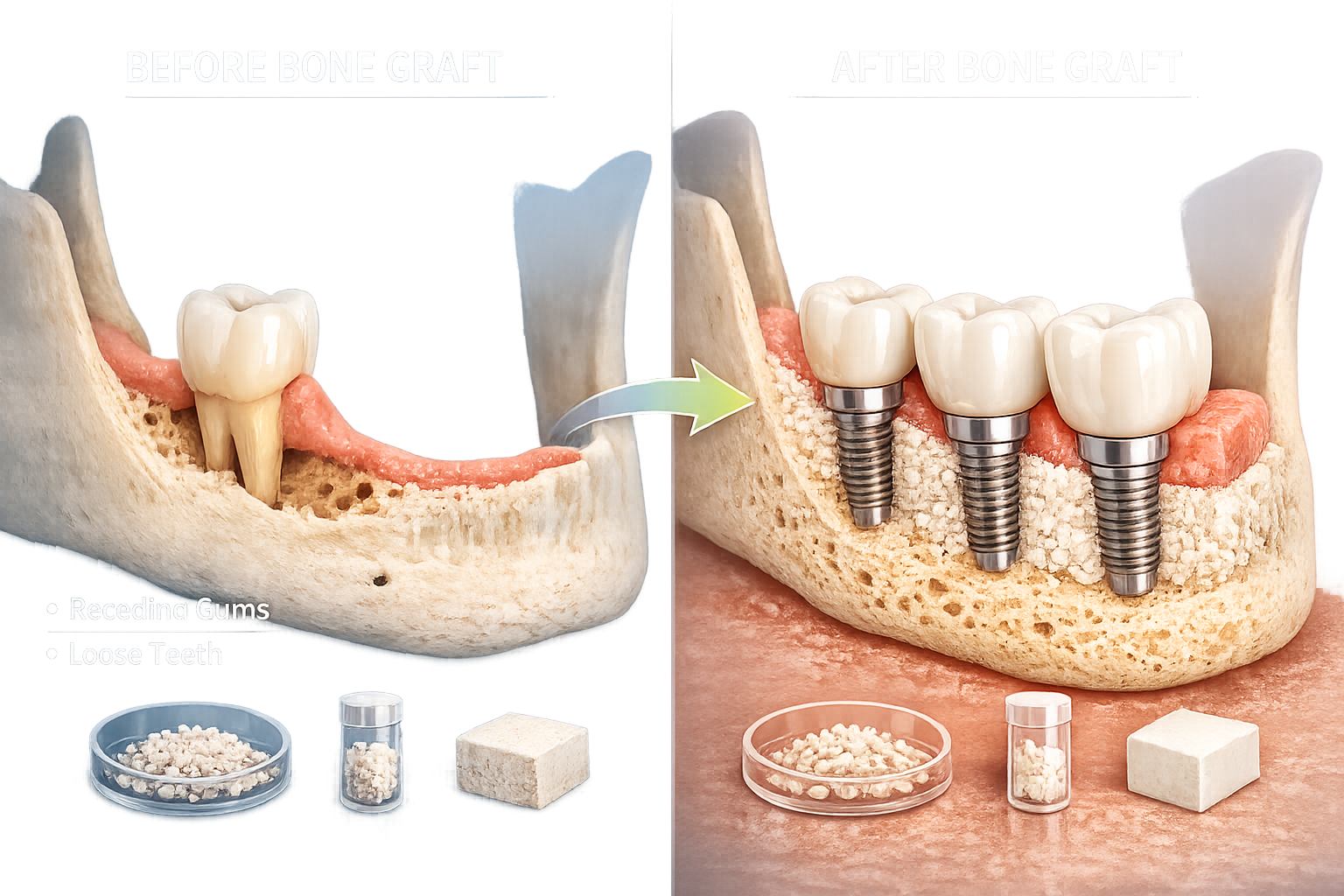 Landscape format (1536x1024) image showing a side-by-side comparison of a jawbone before and after a bone graft procedure. The 'before' side