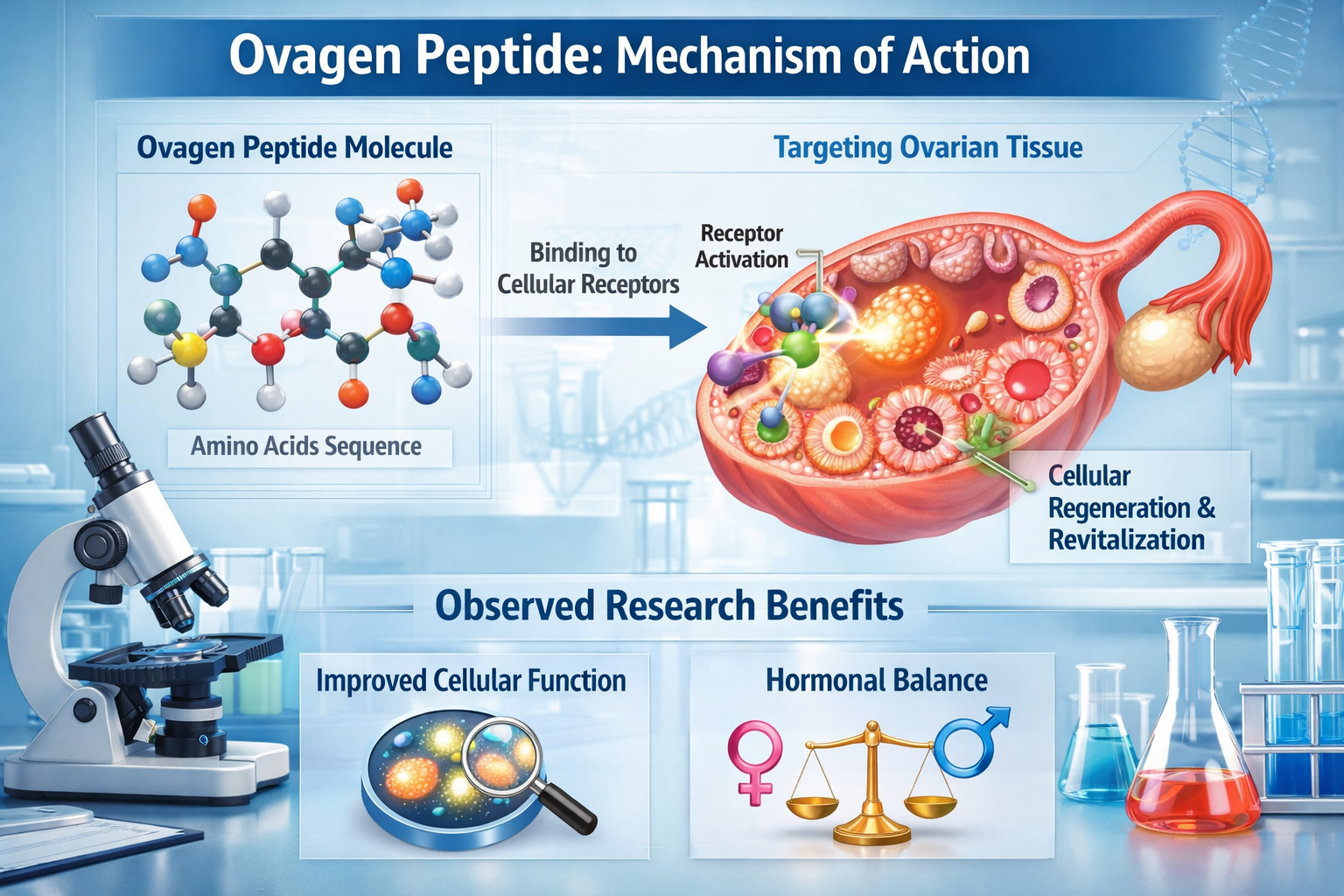 A detailed infographic illustrating the molecular structure of Ovagen peptide and its proposed interaction with cellular receptors, specific