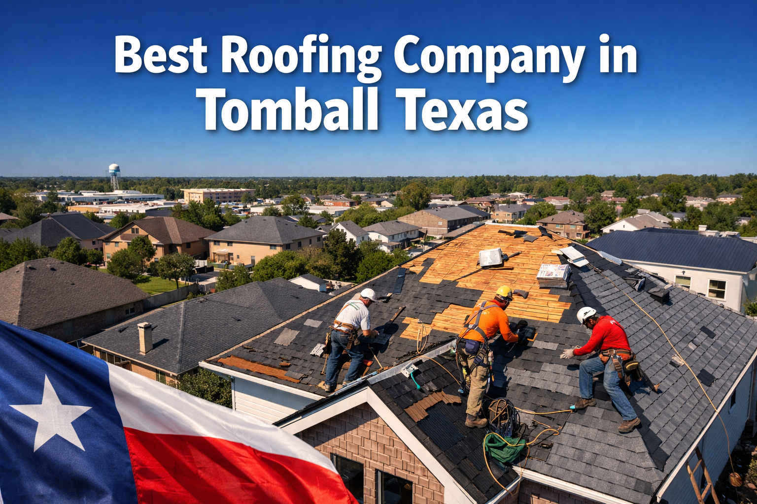 Professional landscape hero image (1536x1024) featuring bold text overlay 'Best Roofing Company in Tomball Texas' in extra large 72pt white 