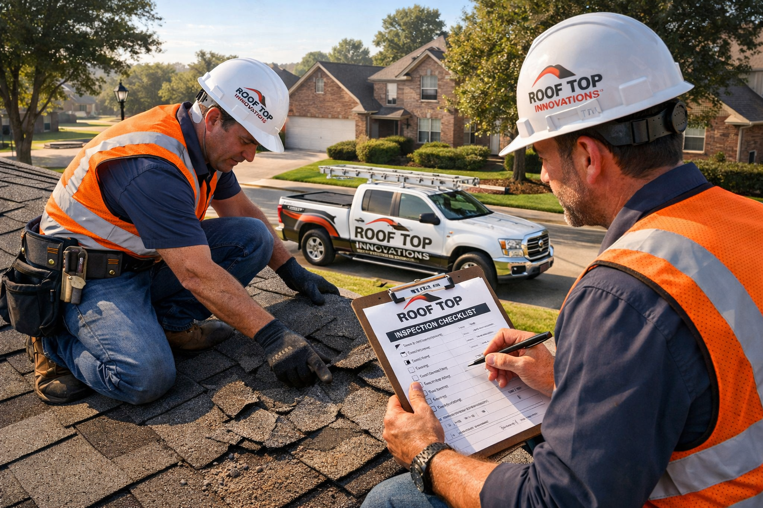 Detailed landscape image (1536x1024) showing professional roofing contractors from Roof Top Innovations performing roof inspection on Tombal
