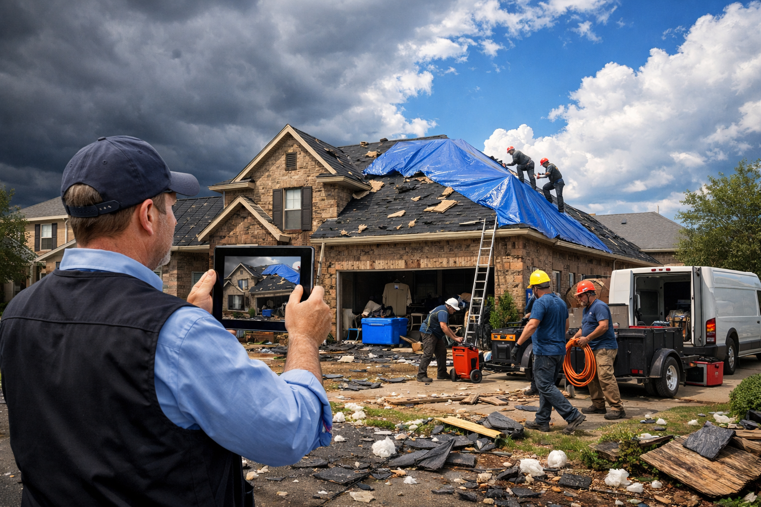 High-quality landscape image (1536x1024) depicting storm damage aftermath in Tomball Texas neighborhood, showing hail-damaged roofing materi