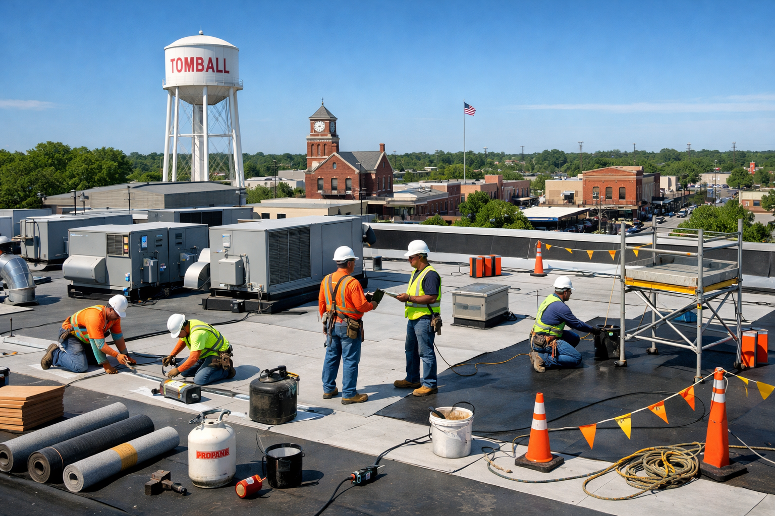 Professional landscape image (1536x1024) showcasing modern commercial building in Tomball with flat roof system, HVAC units, professional co
