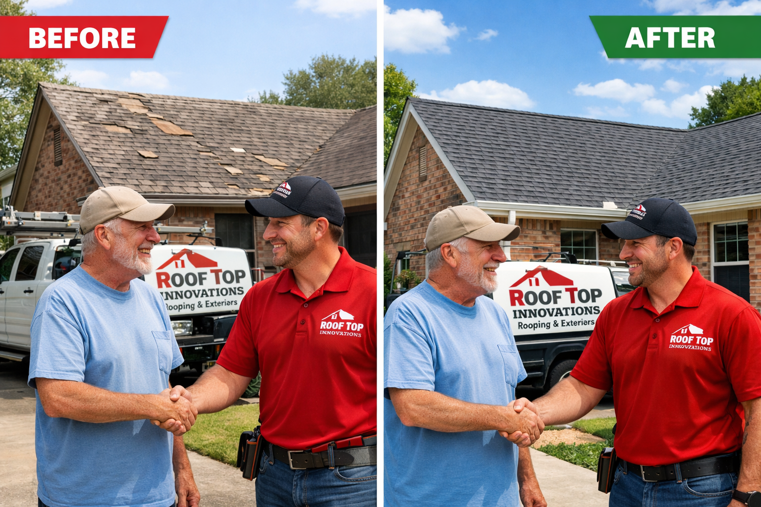 Detailed landscape image (1536x1024) showing completed roof replacement project in Tomball residential area, before and after split composit
