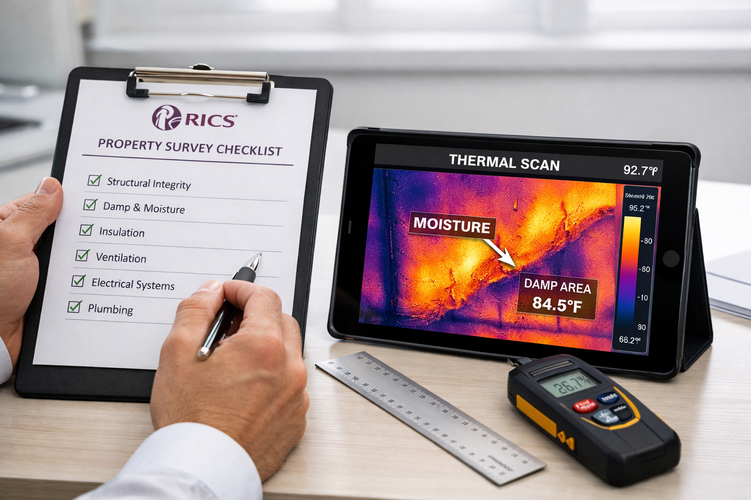 Detailed () image showing close-up of professional building surveyor's hands holding RICS-branded checklist on clipboard