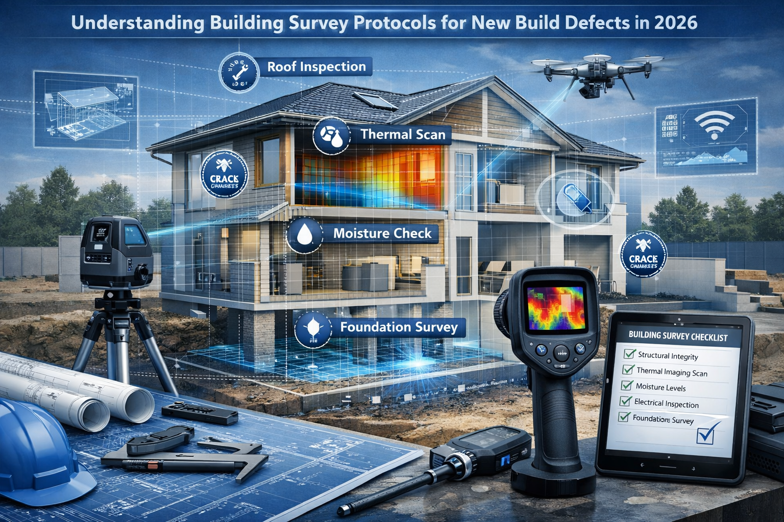 Technical architectural visualization illustrating 'Understanding Building Survey Protocols for New Build Defects in 2026',