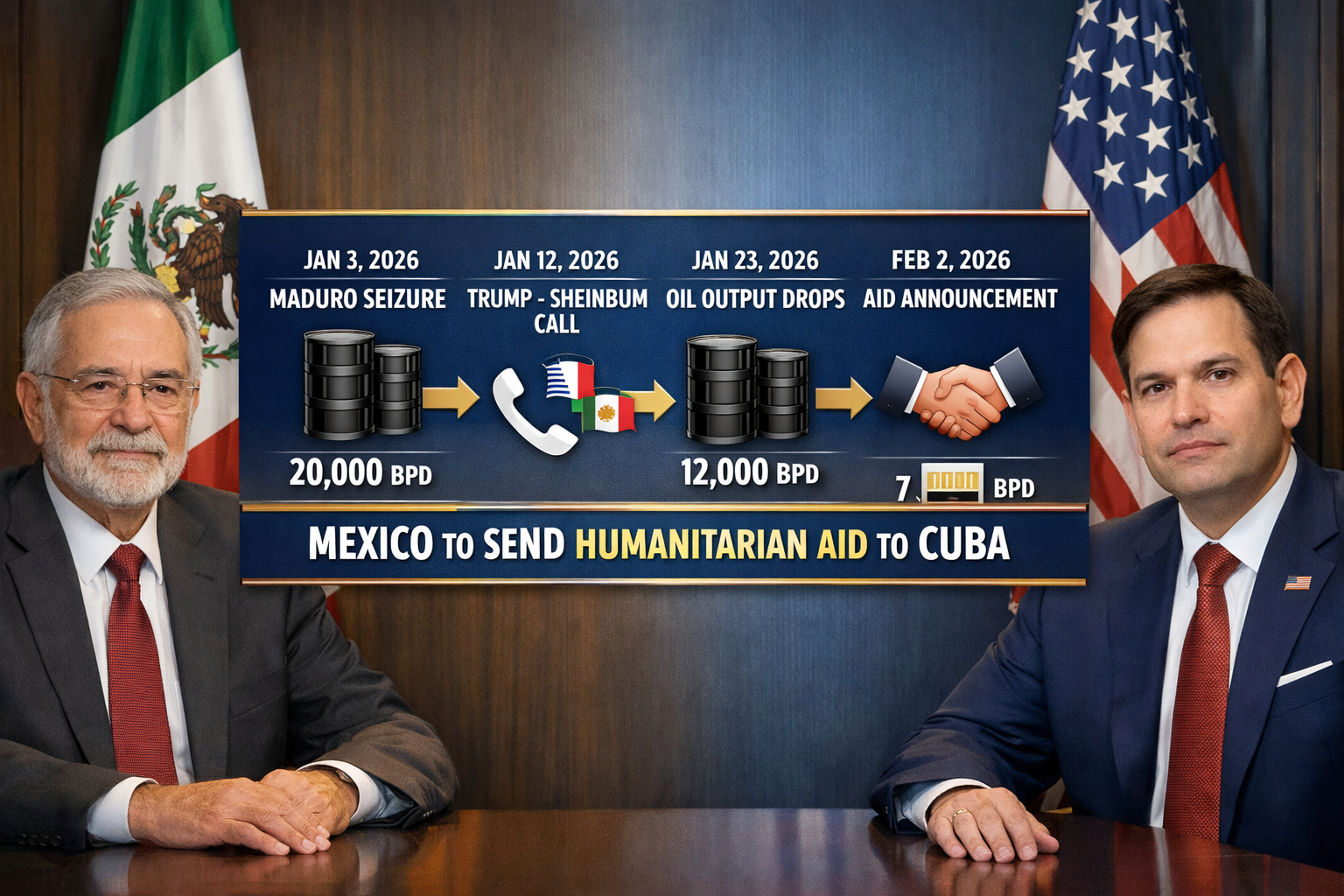 Mexico Sends Humanitarian Aid to Cuba Amid U.S. Sanctions Threats 1 Detailed landscape format (1536x1024) image showing diplomatic negotiation scene with split-screen composition: left panel features Mexico's