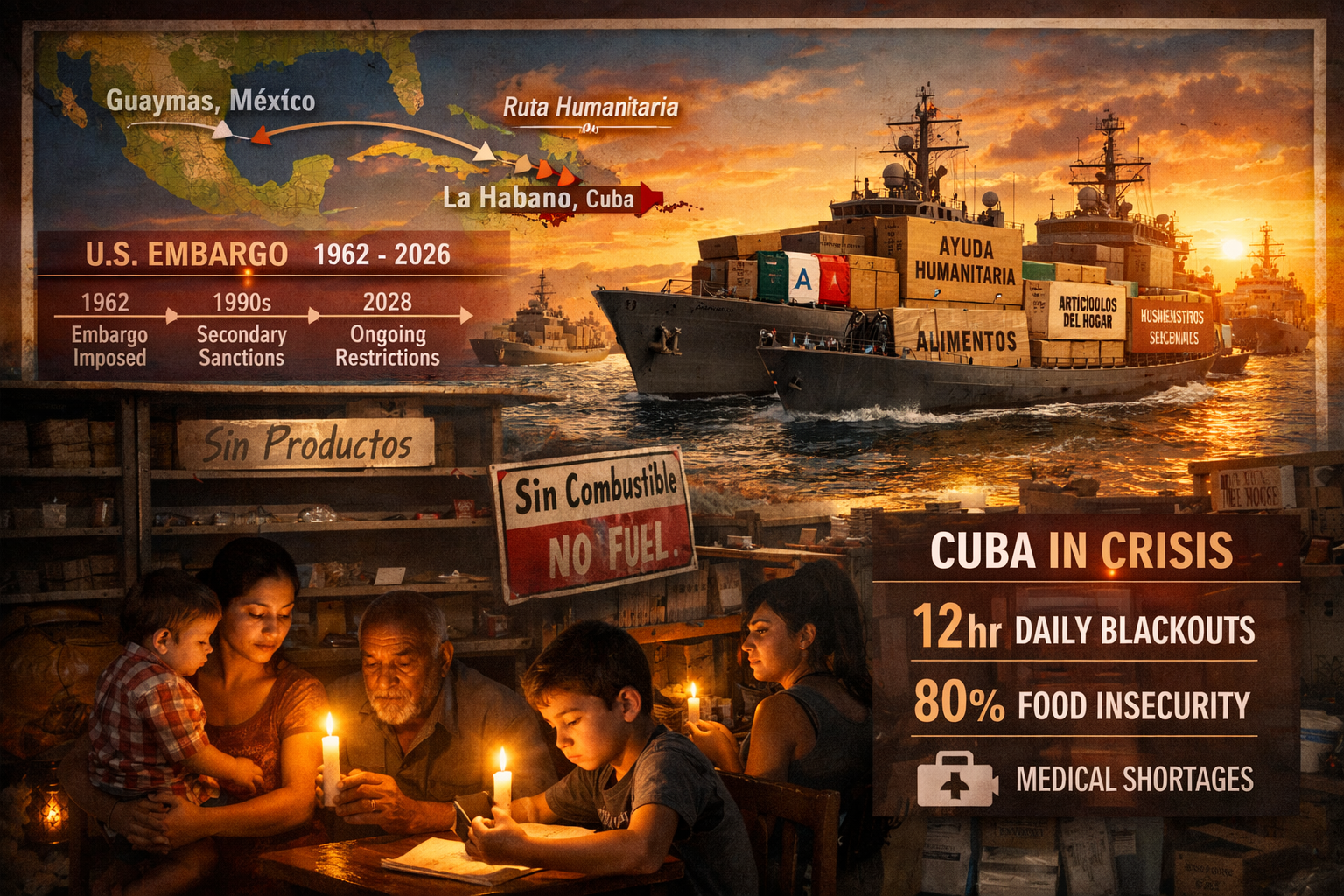Mexico Sends Humanitarian Aid to Cuba Amid U.S. Sanctions Threats 2 Compelling landscape format (1536x1024) image depicting Cuba's humanitarian crisis with powerful visual storytelling: foreground shows Cuban
