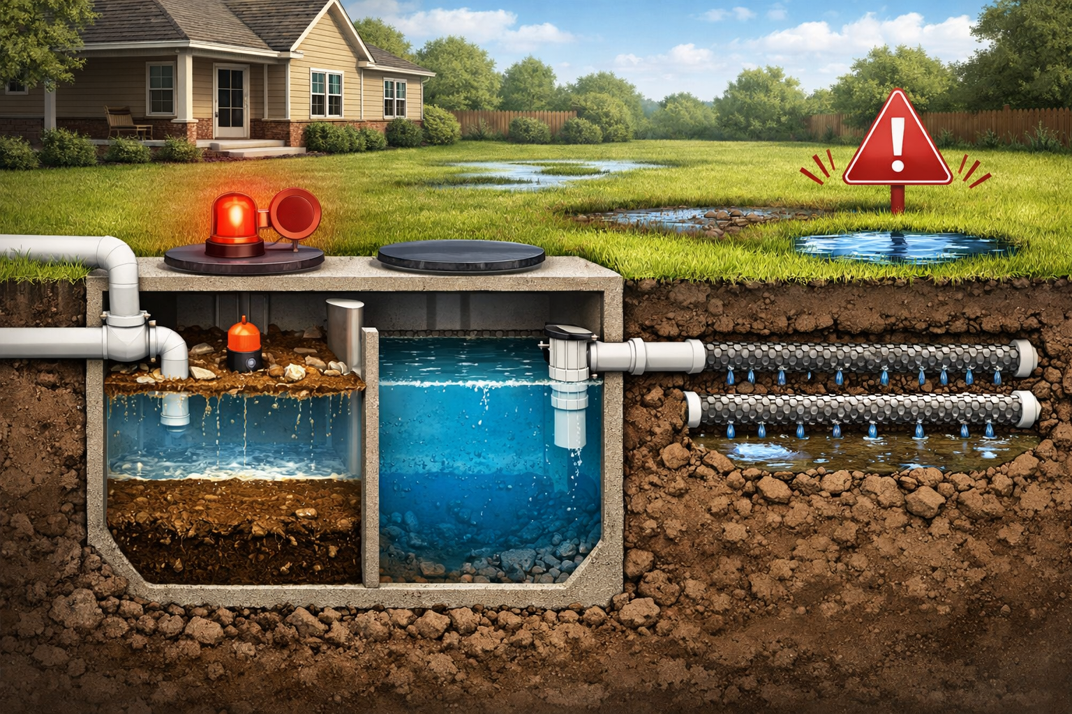 Professional landscape format (1536x1024) hero image showing a cross-section view of a septic tank system with visible waste levels, drain f