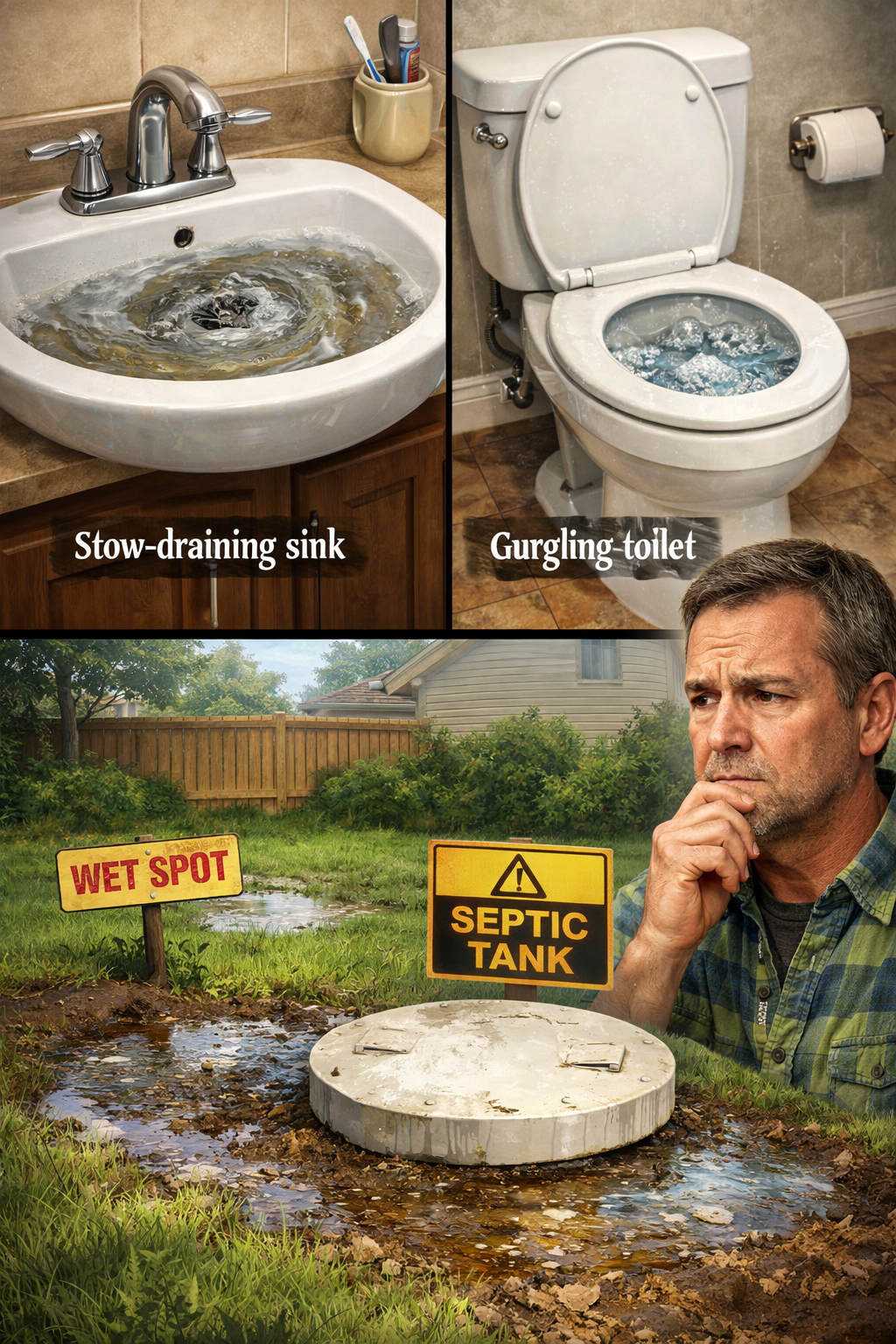 Portrait format (1024x1536) detailed illustration showing multiple warning signs around a home: slow-draining sink with water backup, toilet