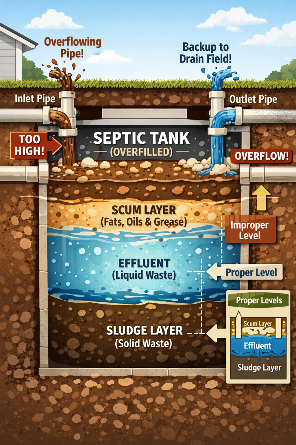 Portrait format (1024x1536) technical cutaway diagram of septic tank showing three distinct layers: scum layer on top, effluent in middle, a