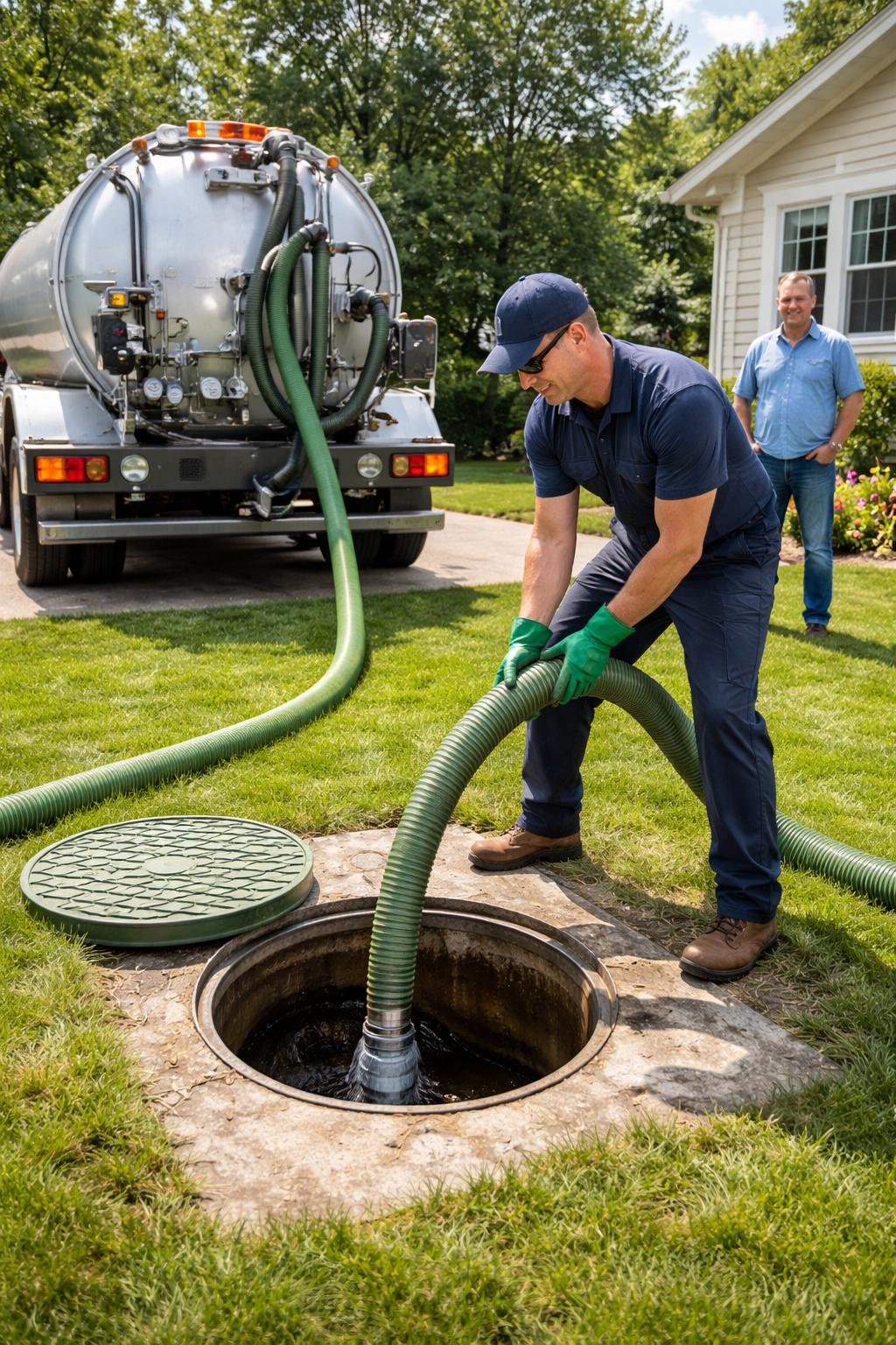 Portrait format (1024x1536) image showing septic maintenance scene with professional technician in work clothes using pumping equipment near