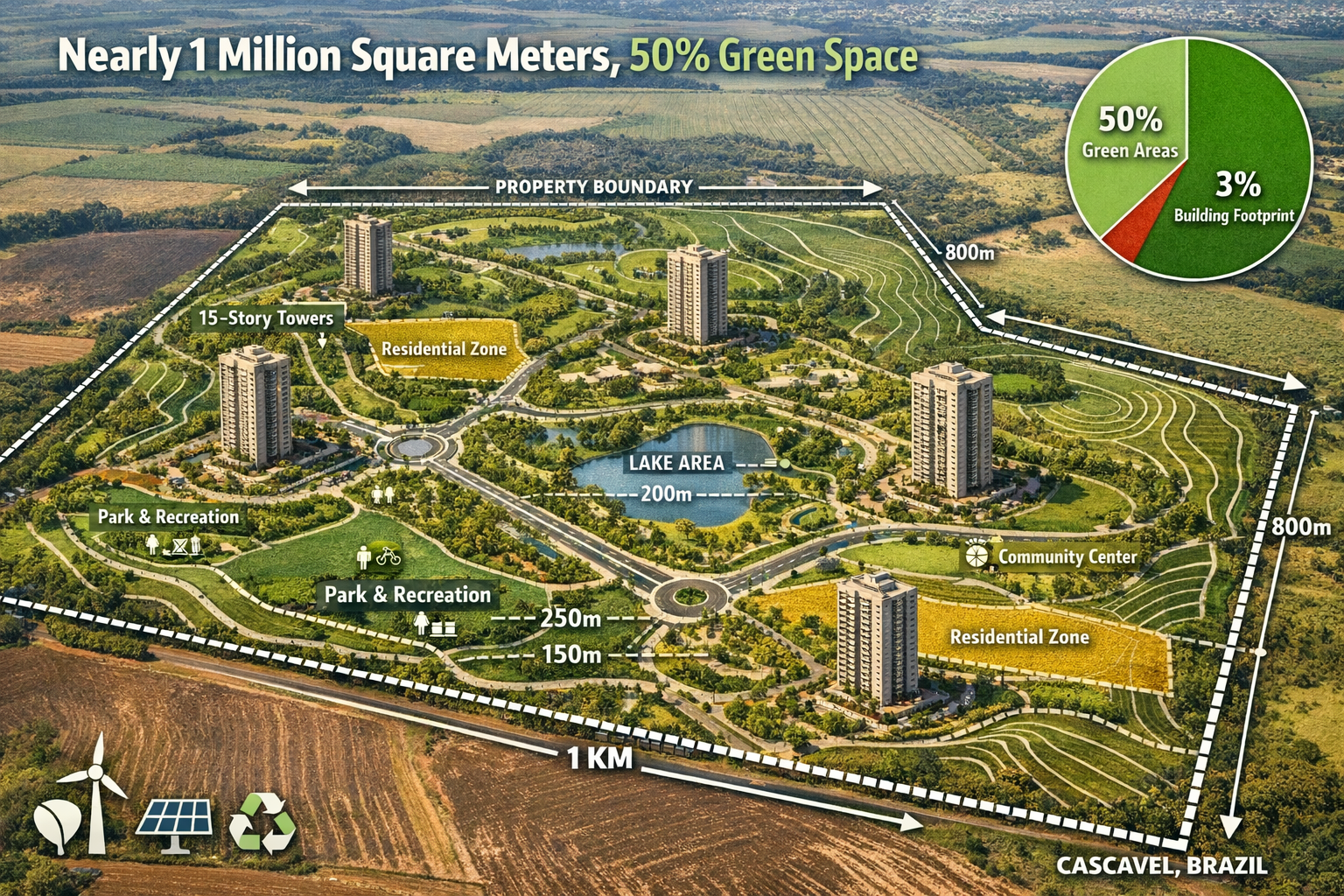 Detailed landscape format (1536x1024) image showing architectural blueprint overlay on aerial photograph of Cascavel's one million square me