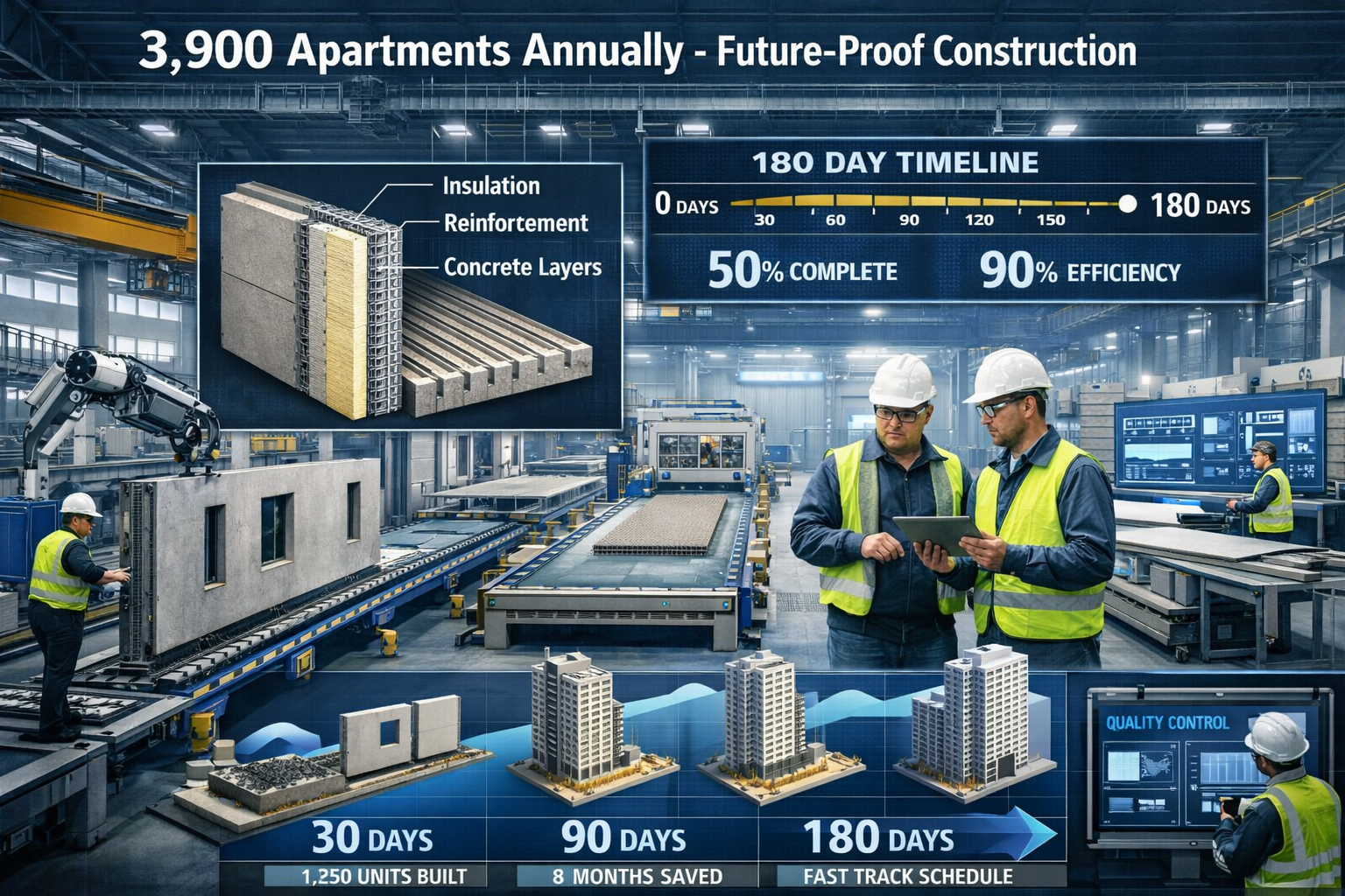 Detailed landscape format (1536x1024) image depicting robotized precast concrete production facility with advanced manufacturing equipment p
