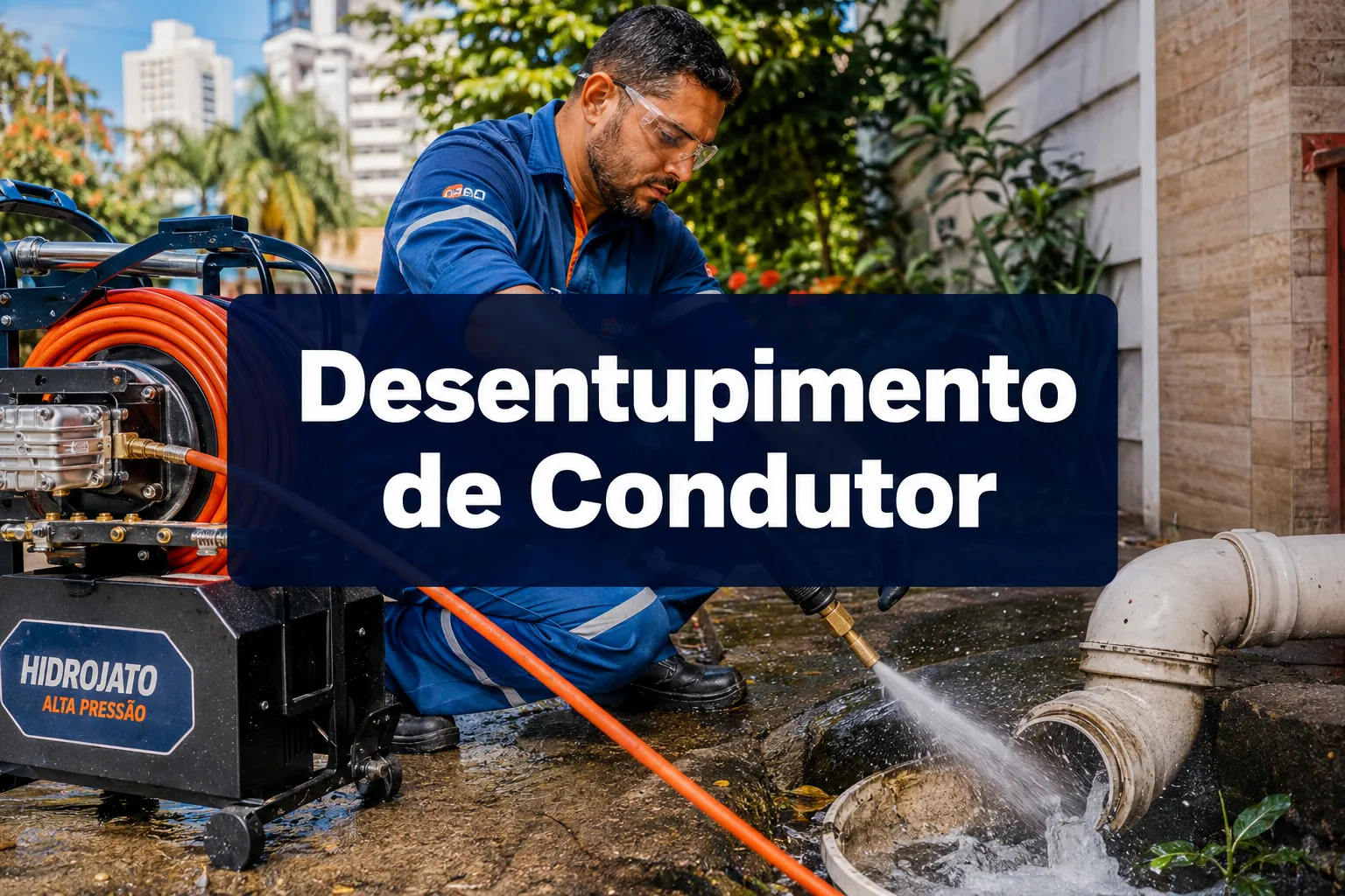 Professional () hero image with (≤42 chars): 'Desentupimento de Condutor', crisp white on a deep navy semi-transparent