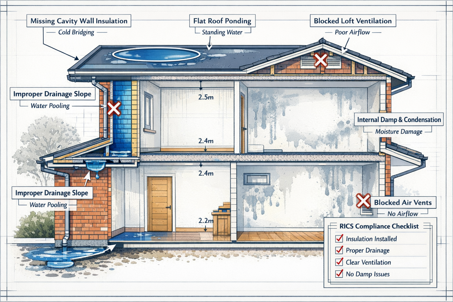 () detailed technical illustration showing cross-section cutaway view of modern new build home revealing hidden defects: