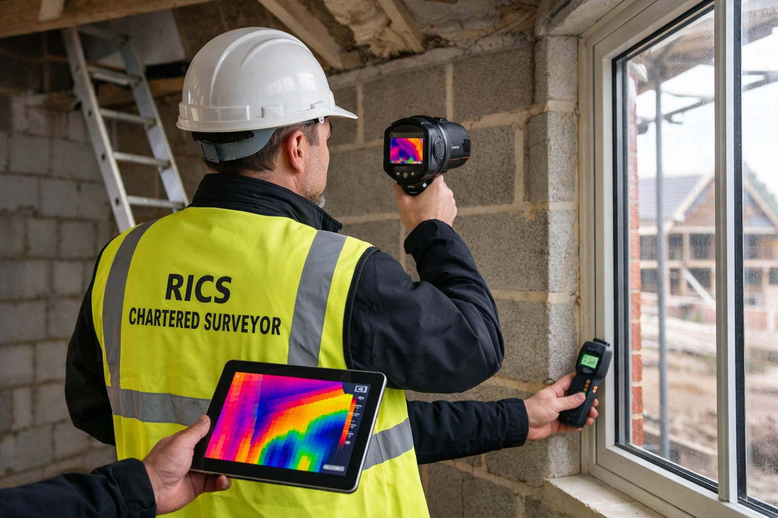 () professional photograph of RICS chartered surveyor conducting Level 3 survey inspection in partially completed new build