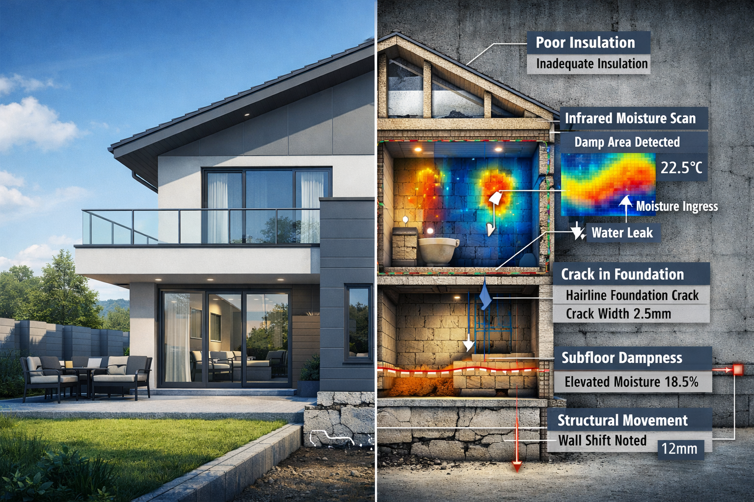 A detailed architectural cross-section illustration revealing hidden structural defects in a modern new build property,