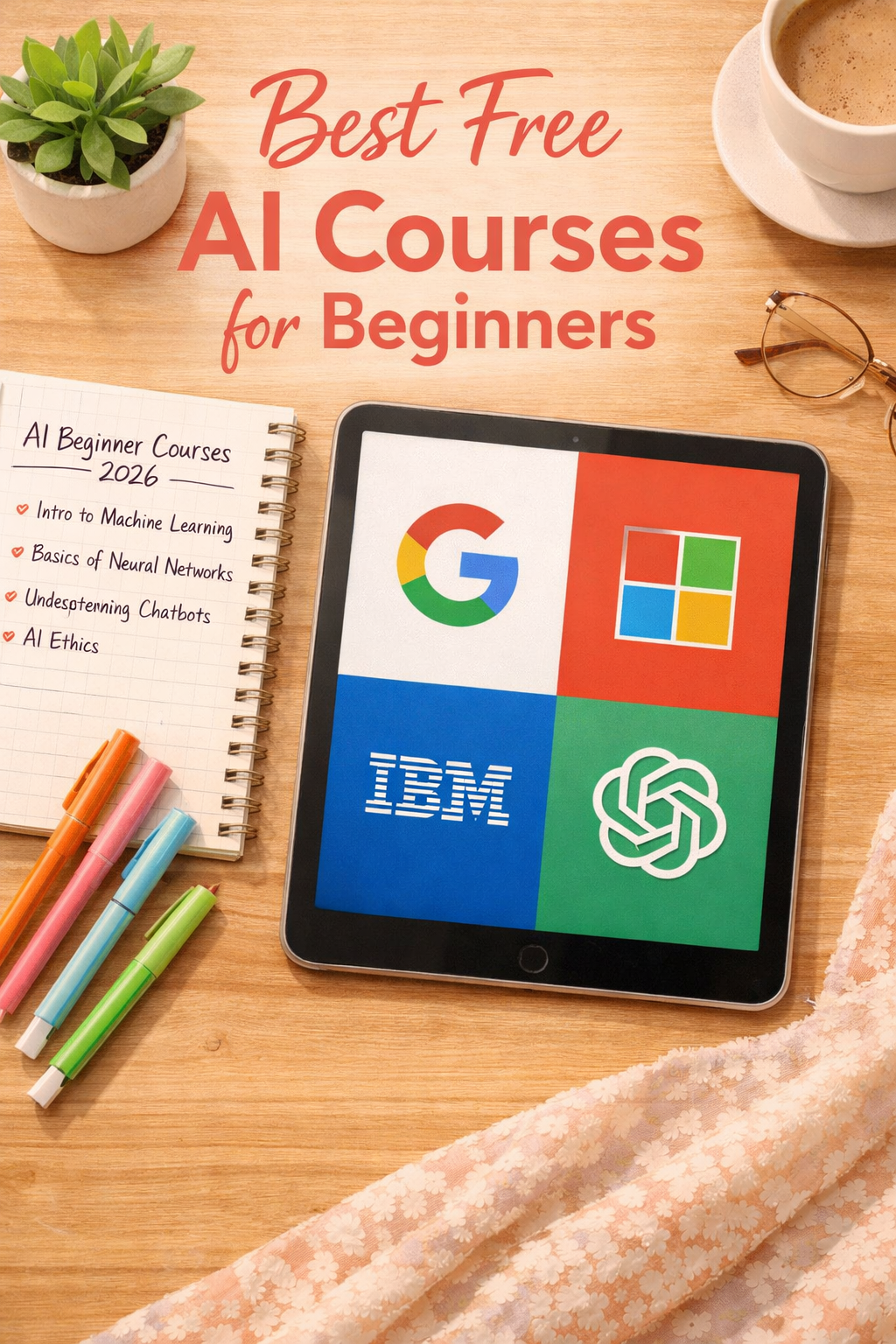 Portrait/Pinterest format () showing a flat-lay overhead view of a wooden desk with a tablet displaying logos of Google,