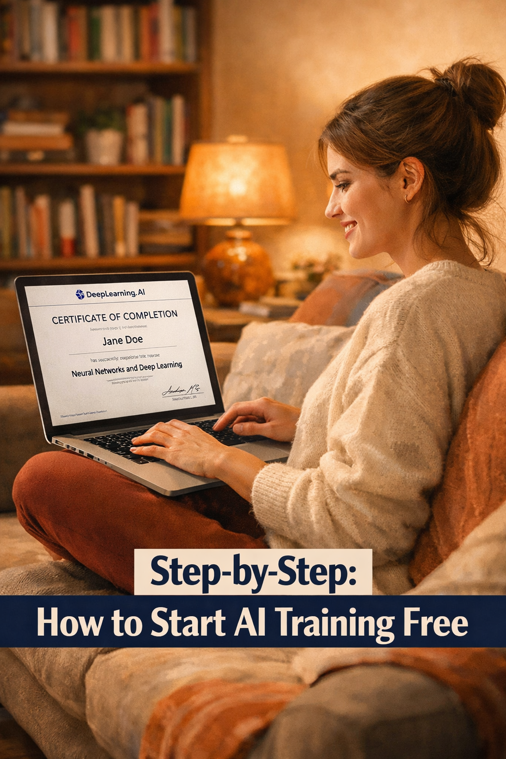 Portrait/Pinterest format () showing a side-angle view of a woman in her late 20s sitting cross-legged on a couch with a