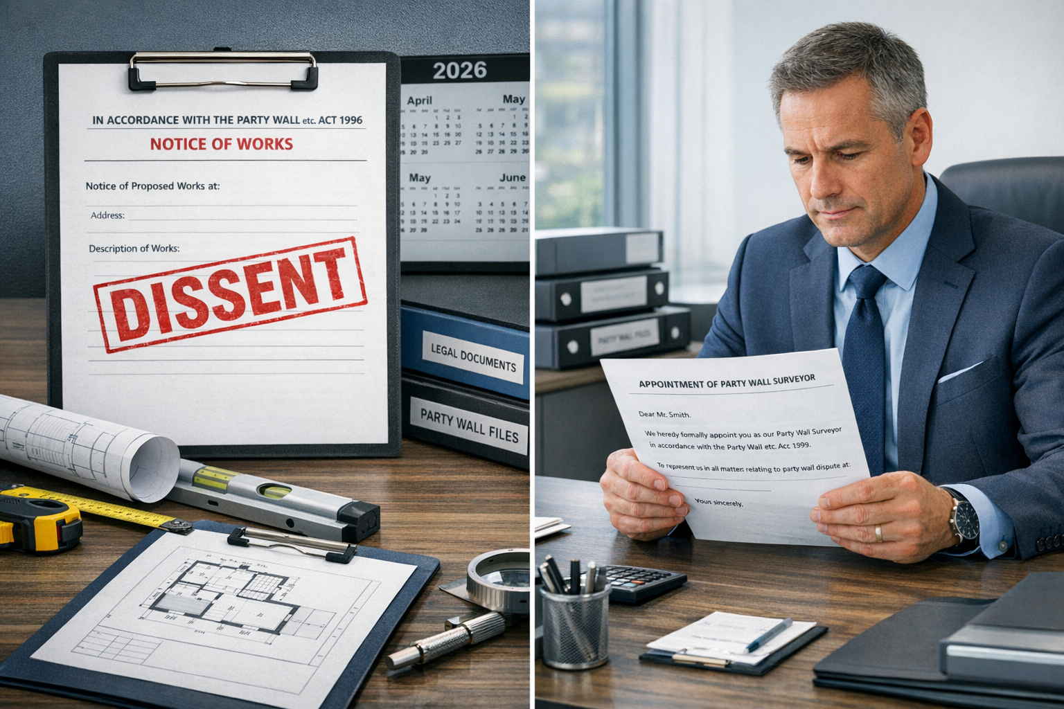 Detailed () image showing professional party wall surveyor in business attire reviewing official refusal notice document at