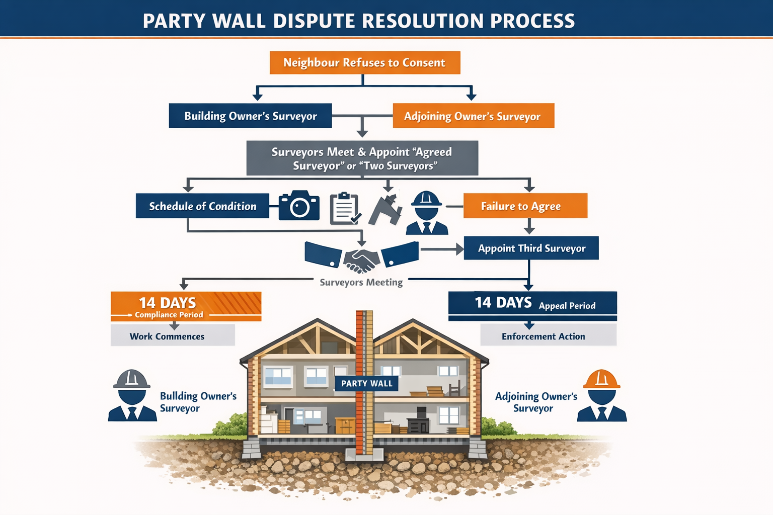 Comprehensive () infographic-style image displaying party wall dispute resolution workflow diagram, central flowchart