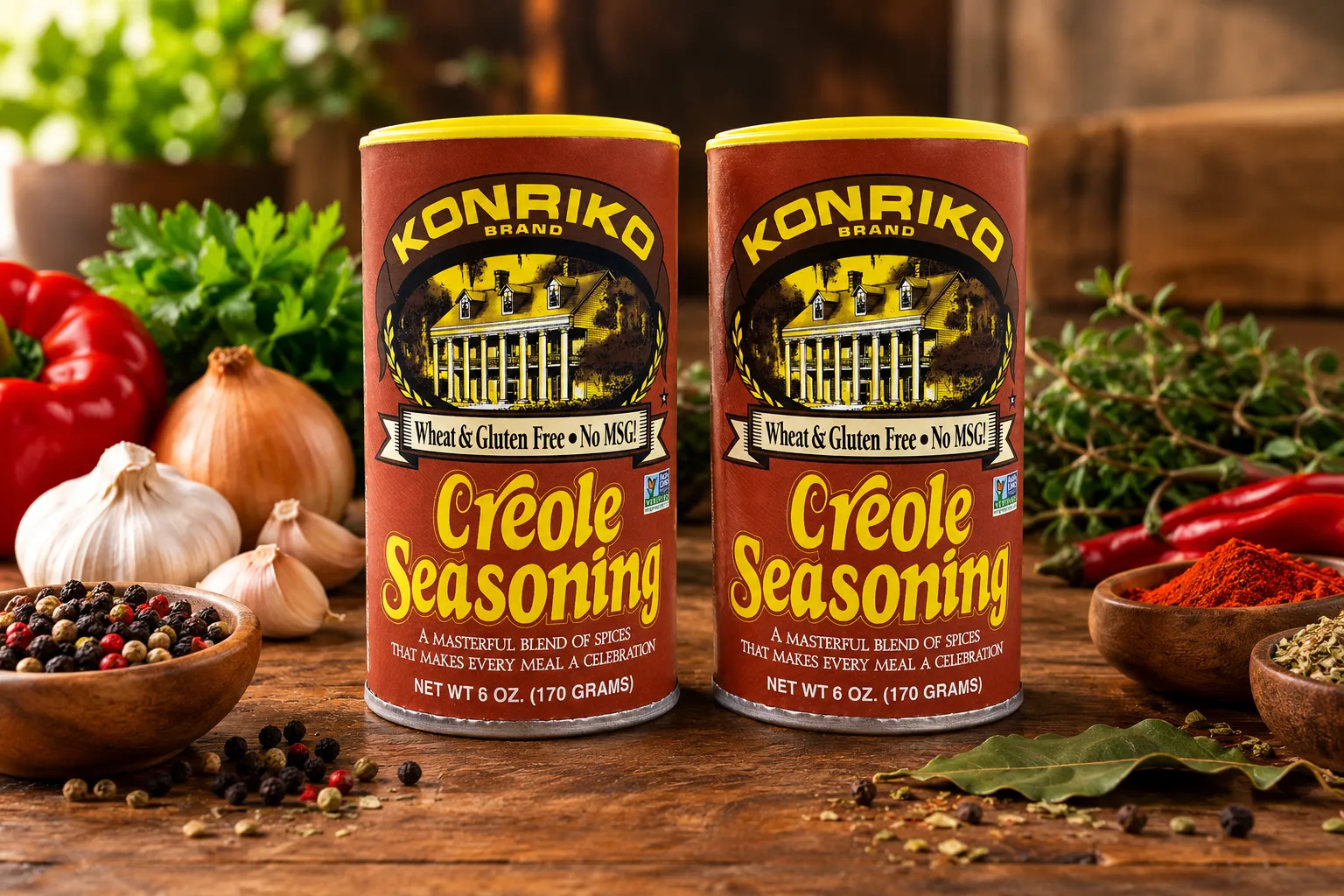 Professional product photography of Konriko Creole Seasoning two-pack, showing the distinctive spice containers with their