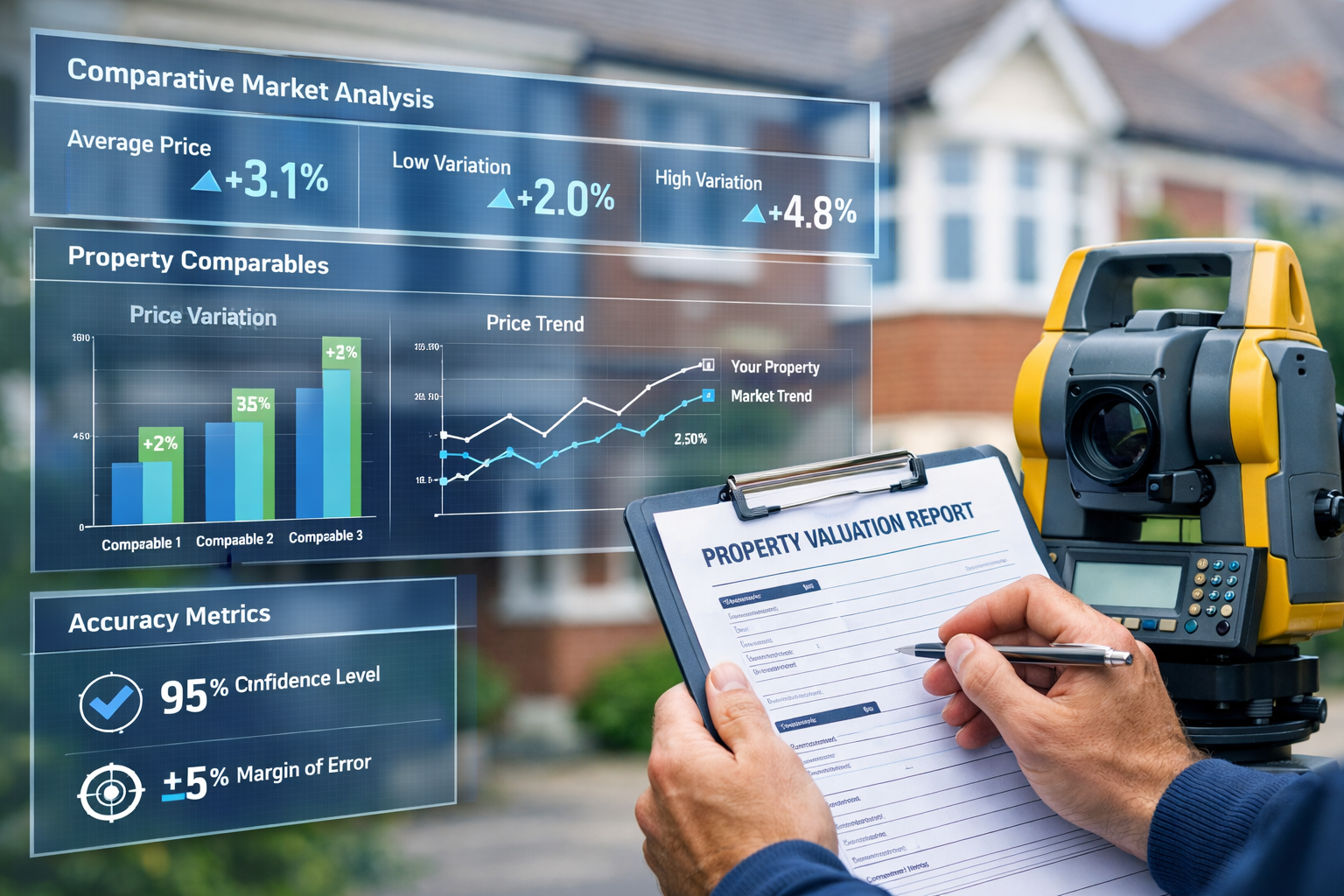 () editorial image showing close-up of surveyor's hands holding professional measuring equipment and clipboard with property