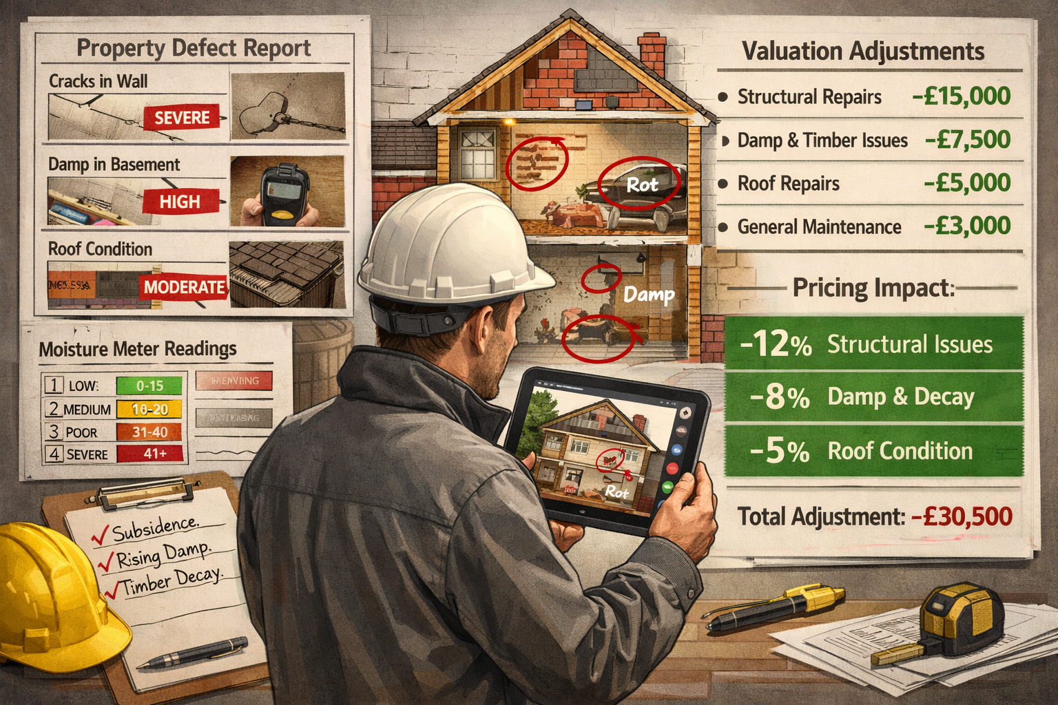 () professional split-screen composition showing left side with detailed property defect assessment documentation including