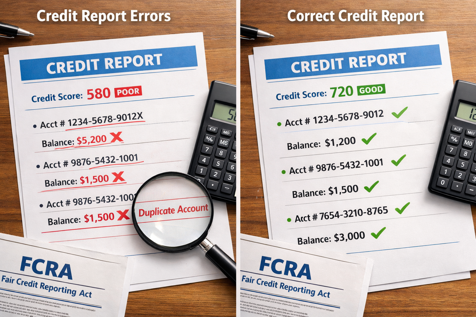 Detailed landscape format (1536x1024) image showing split-screen comparison of credit report errors versus correct information. Left side di
