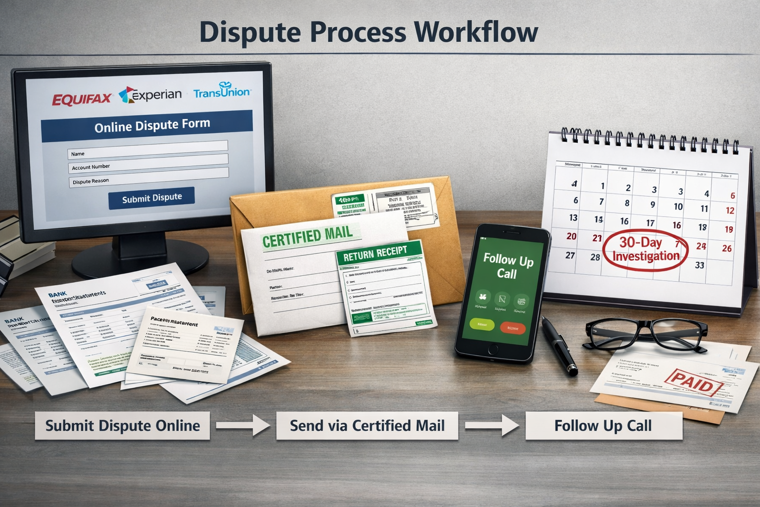 Detailed landscape format (1536x1024) image depicting step-by-step dispute process workflow. Visual timeline showing computer screen with on