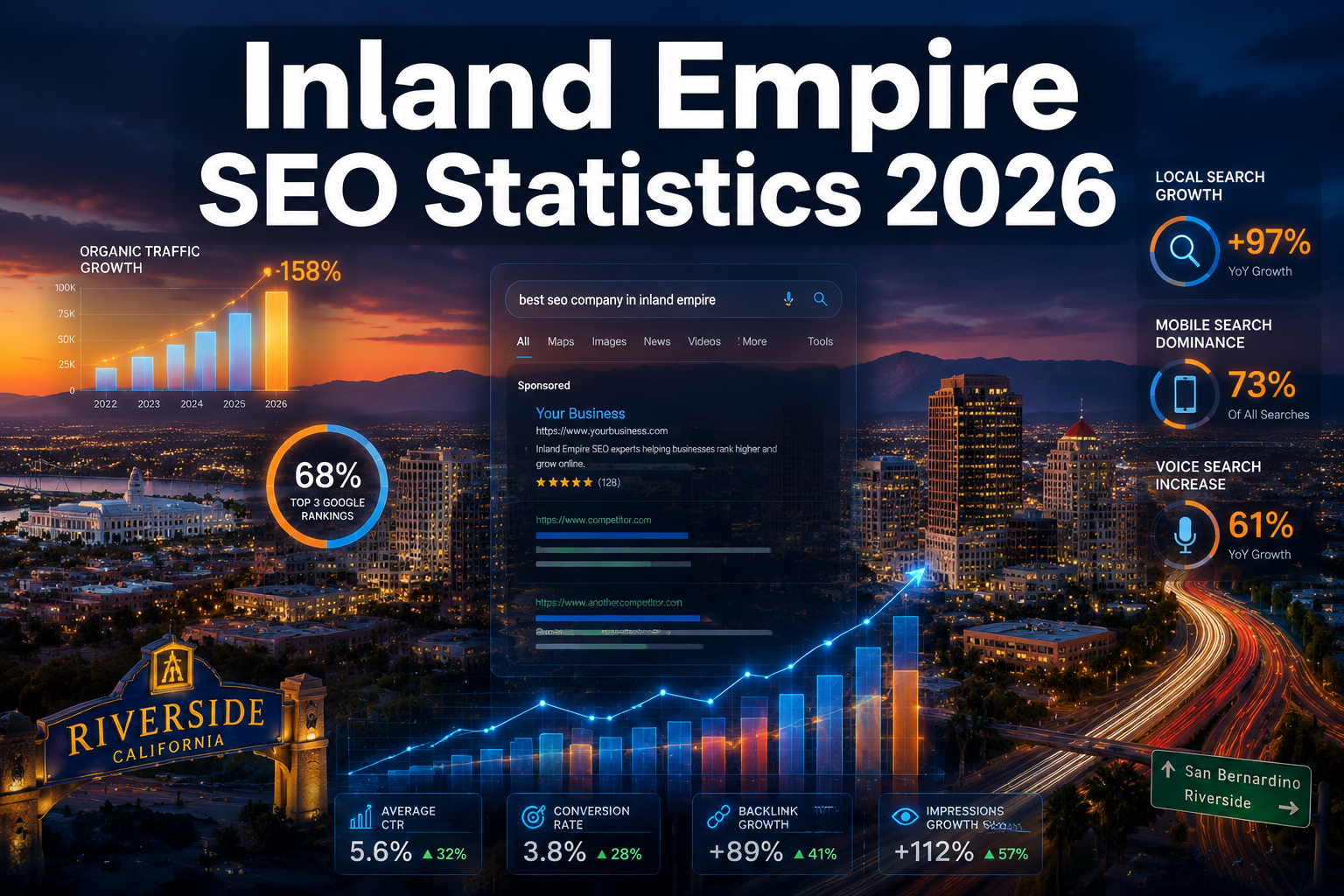 Professional () hero image featuring 'Inland Empire SEO Statistics 2026' in extra large white with deep effect, centered in