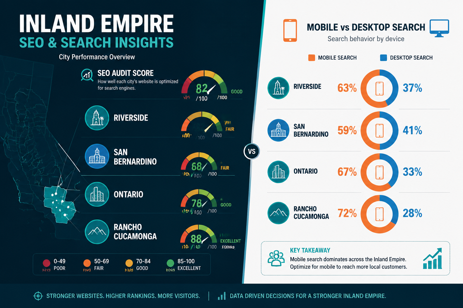 () infographic-style illustration showing a split comparison dashboard for Inland Empire cities including Riverside, San