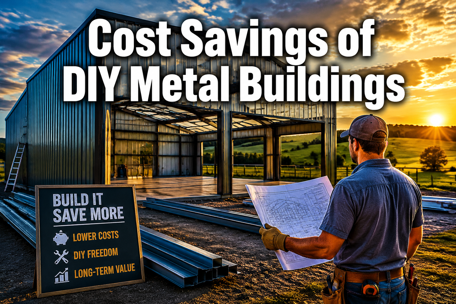 Professional () hero image with : 'Cost Savings of DIY Metal Buildings' in extra large white with dark drop , centered