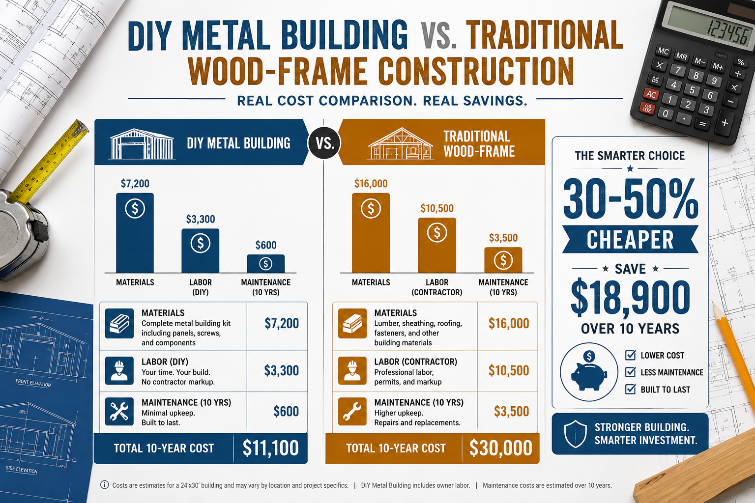 Detailed () infographic-style illustration showing a side-by-side cost comparison between a DIY metal building and