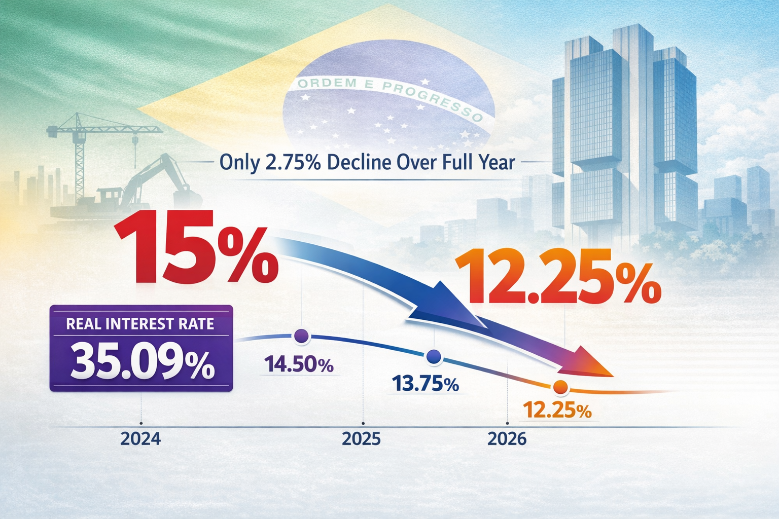 Landscape format (1536x1024) detailed infographic visualization showing Brazil's interest rate trajectory from 2024 to 2026, featuring large