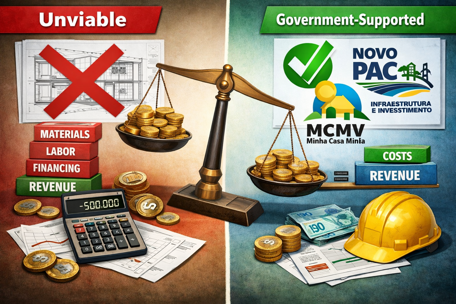 Landscape format (1536x1024) conceptual illustration depicting construction project viability analysis with split-screen comparison. Left si