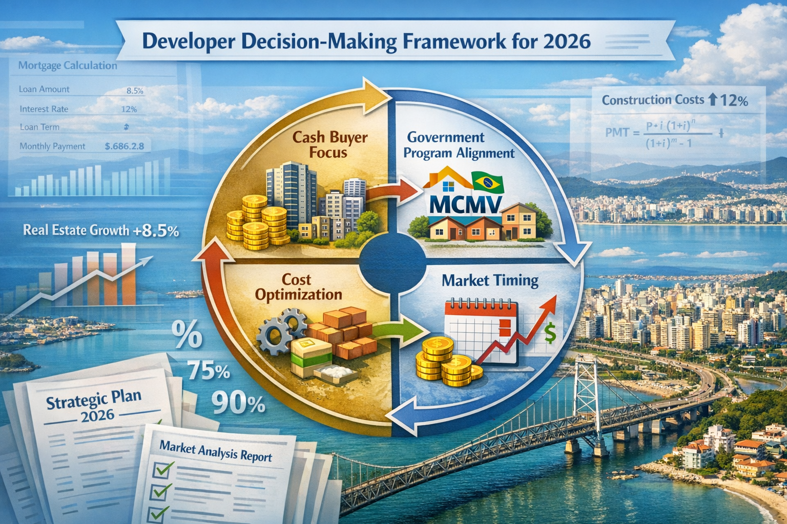 Landscape format (1536x1024) strategic planning visualization showing developer decision-making framework for 2026. Center features circular