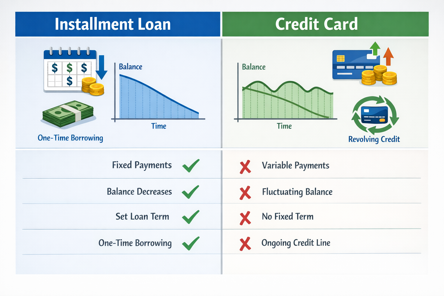 Landscape format (1536x1024) side-by-side comparison chart showing installment loan vs credit card differences. Left side shows installment 