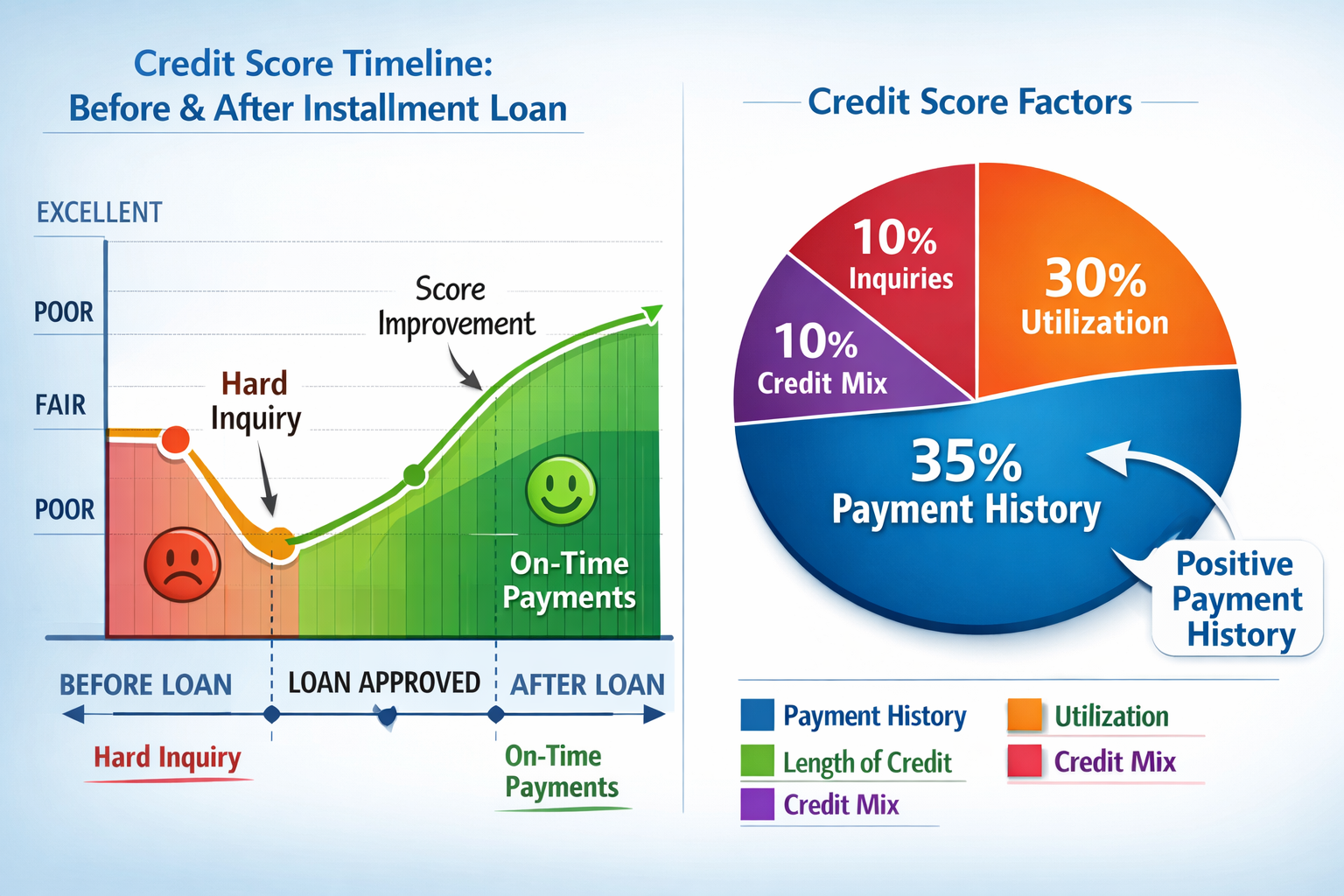 Landscape format (1536x1024) credit score impact visualization showing before and after installment loan effects. Graph displays credit scor