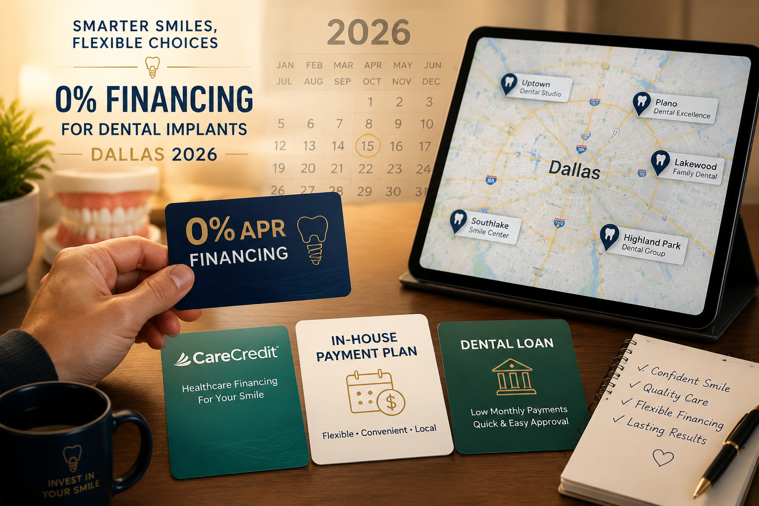 () image illustrating various financial payment options for dental care. A person's hand holds a card labeled '0% APR' while