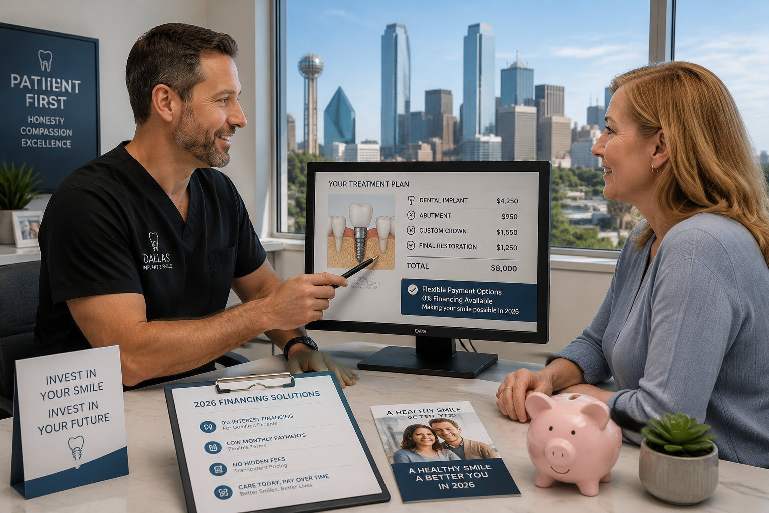 () image showing a dentist and a patient discussing a treatment plan on a screen, with financial documents and a small piggy